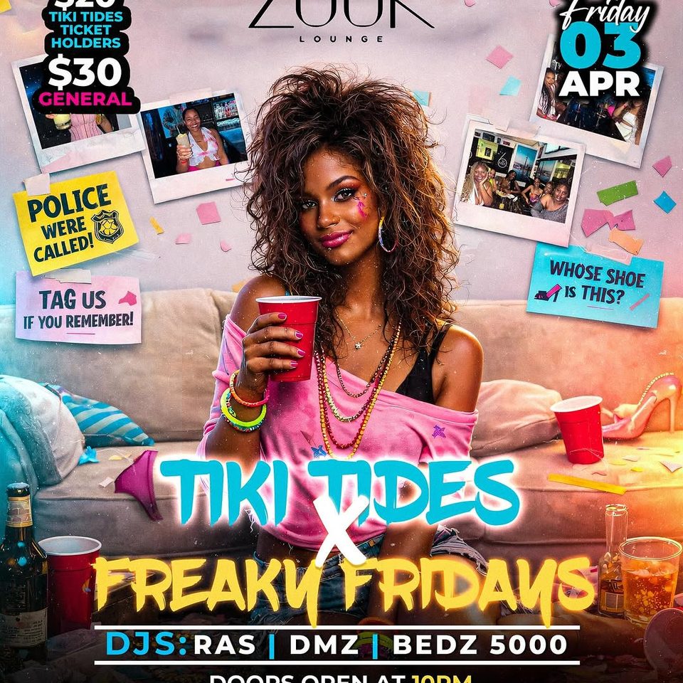 Event poster for Tiki Tides x Freaky Fridays