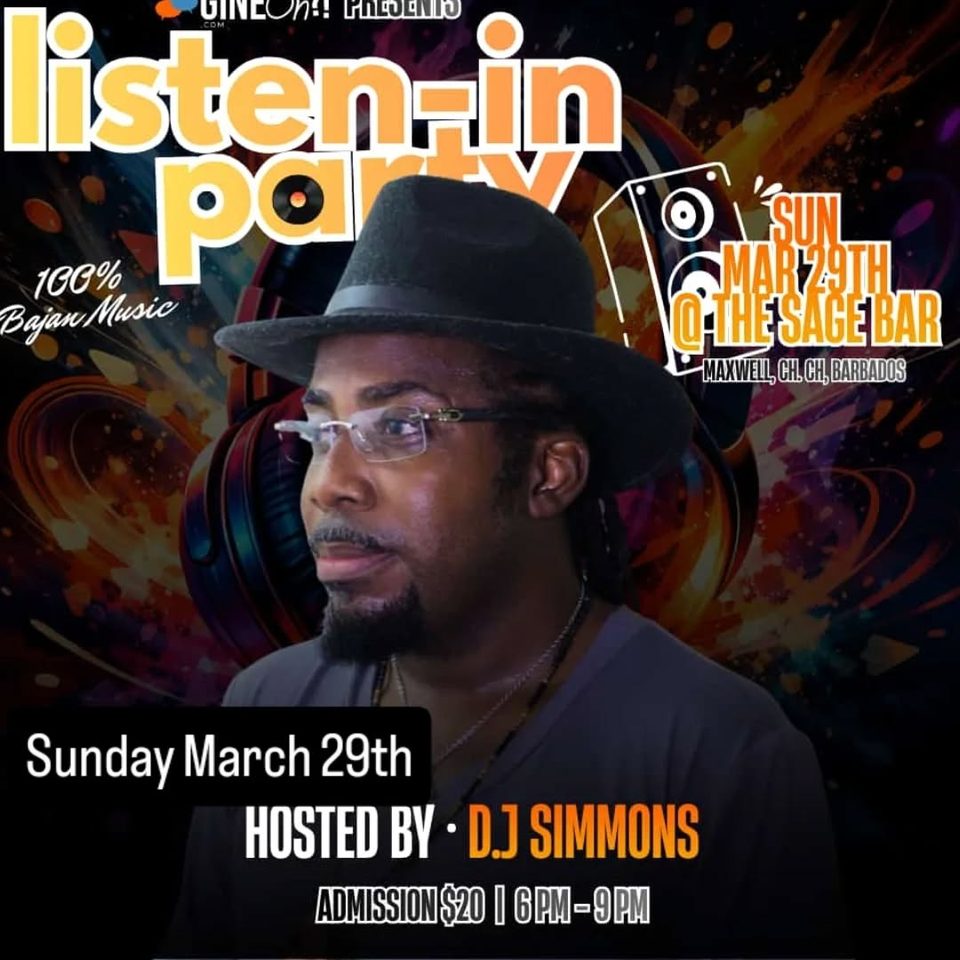 Event poster for Listen-In Party (100% Bajan Music)