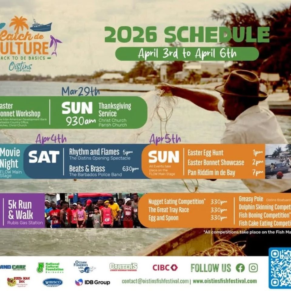 Event poster for FLOW Oistins Fish Festival 2026 (Catch De Culture: Back to de Basics)